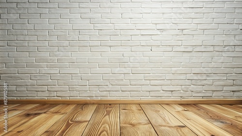 White brick wall with wooden floor in an empty room.