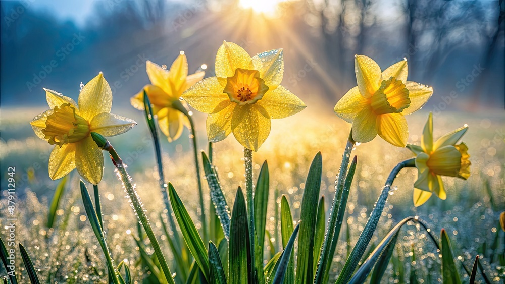 Fototapeta premium Bright yellow daffodils in a sunlit garden.