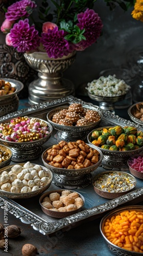 Many different types of nuts in bowls on a tray, Diwali holiday © kramynina