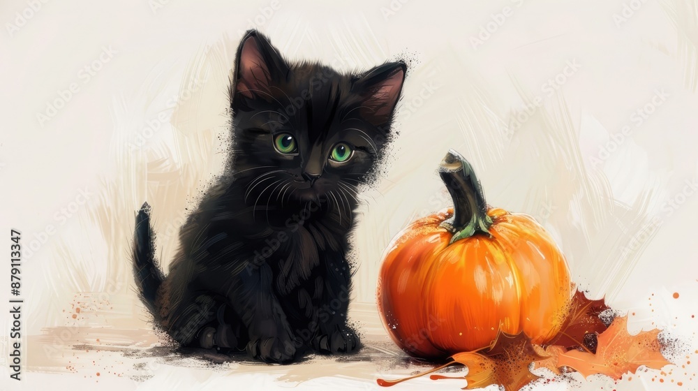 A small pumpkin next to a cute black kitten with green eyes on a white background A small pumpkin next to a cute black kitten with green eyes on a white background
