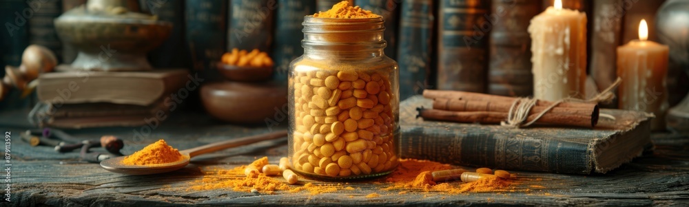 Jar of turmeric capsules, supplements Jar of turmeric capsules, supplements