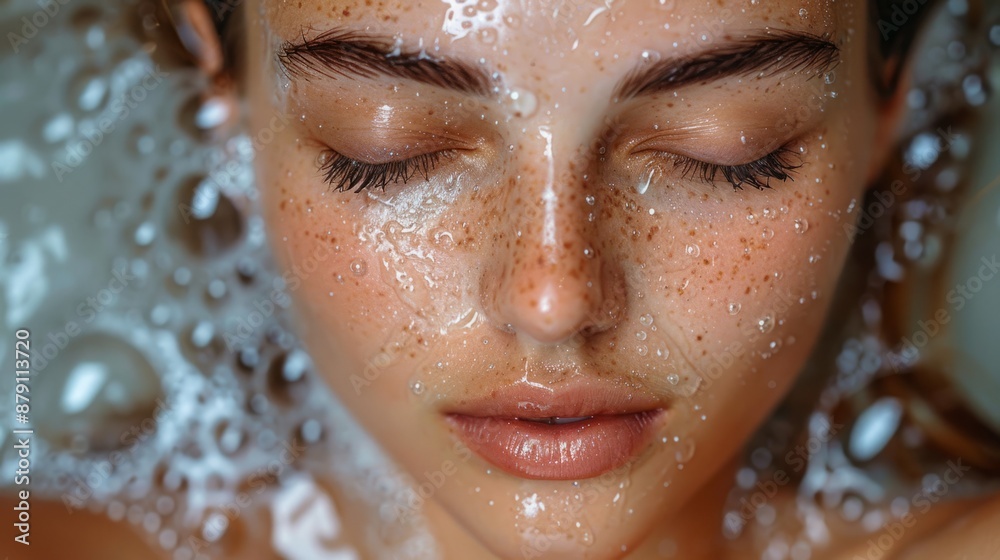 A woman face with water droplets on her skin. Her eyes are closed, and her lips are slightly parted. The water droplets create a sparkling effect on her skin. A woman face with water droplets on her skin. Her eyes are closed, and her lips are slightly parted. The water droplets create a sparkling effect on her skin.