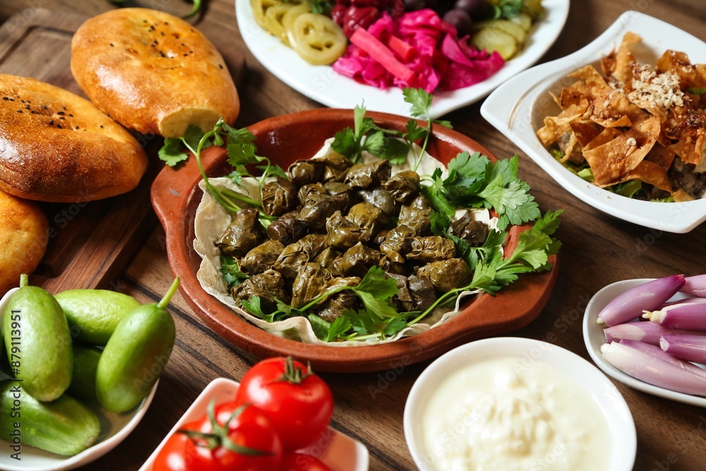 Middle Eastern Food Spread With Grape Leaves Middle Eastern Food Spread With Grape Leaves