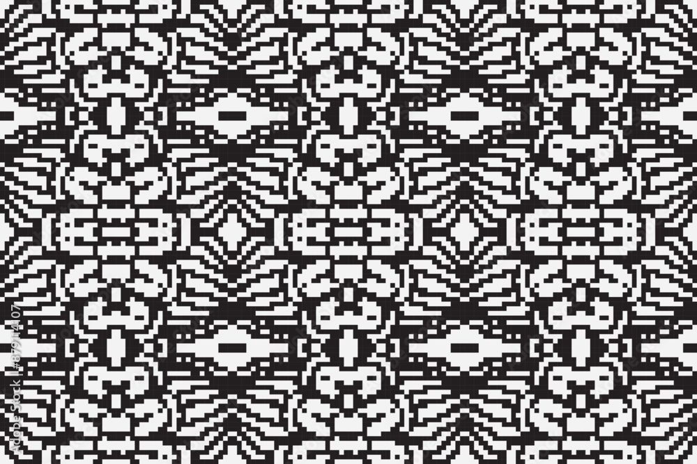 Fototapeta premium Pixel monochrome seamless. pixel patterns in Aztec geometric tribal style. Vector illustration. Ethnic abstract ikat art. Aztec ornament print. geometric