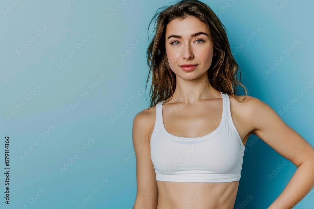 A young woman in a white sports bra with a confident smile, posing against a blue background, expressing fitness, health, and wellbeing in a visually appealing manner. A young woman in a white sports bra with a confident smile, posing against a blue background, expressing fitness, health, and wellbeing in a visually appealing manner.
