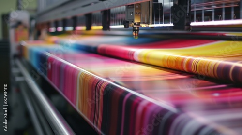 Close-up of a large format digital printer in action, printing a colorful graphic onto a roll of vinyl.