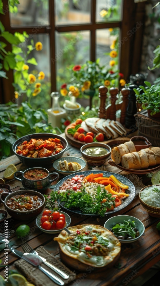 Many plates of food on a table with a window, Food background Many plates of food on a table with a window, Food background