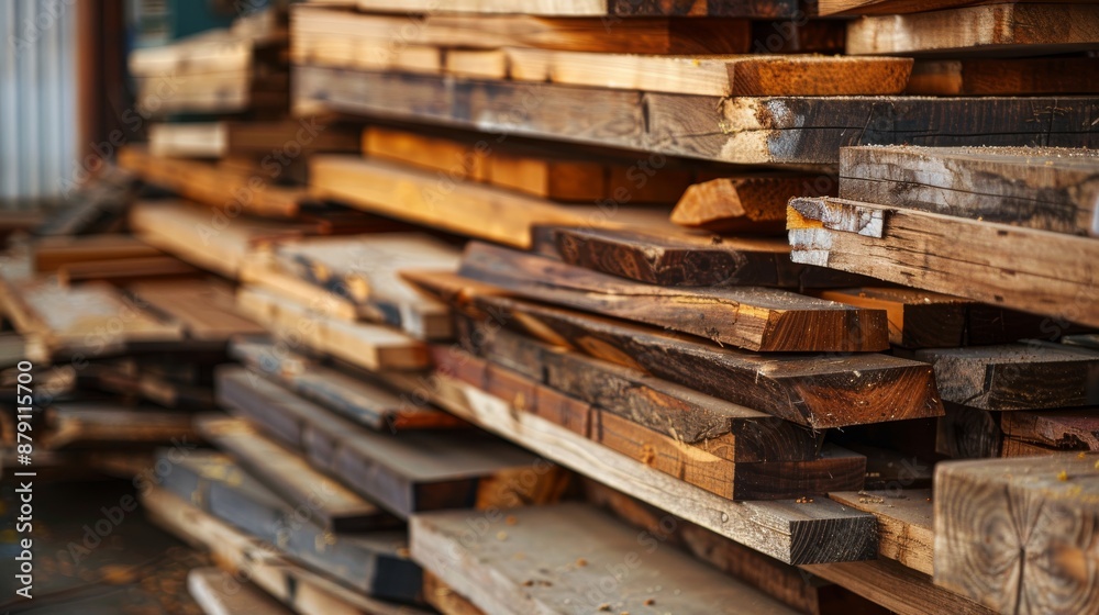 Wood piles meticulously stacked in a shop The soft orange tones of the freshly cut wood are contrasted with dark browns and light beiges, offering a stylish workspace. For woodworking enthusiasts