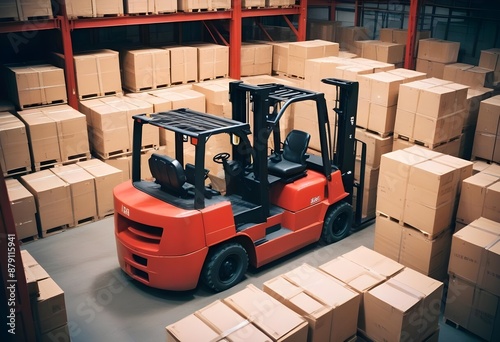 A side view of forklift in a large warehouse. The warehouse is filled with stacked cardboard boxes on industrial shelving, indicating a busy storage facility.
