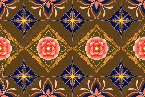 Find geometric decorating flowers on fabric patterns.Ethnic beautiful seamless pattern,background, wallpaper,fabric, clothing,carpet.