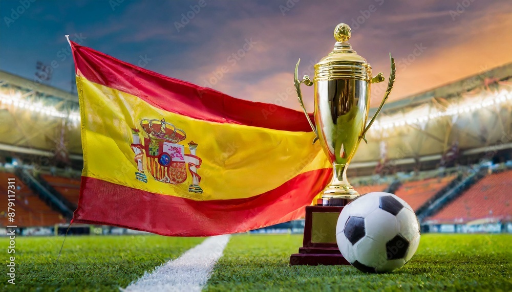 Fototapeta premium Spain flag with football and cup trophy in a stadium for the European Championship