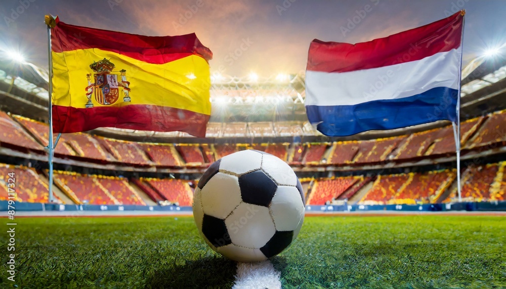 Fototapeta premium Spain flag netherland flag with football in a stadium for the European Championship