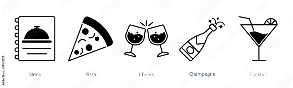 A set of 5 Party and Celebration icons as menu, pizza, cheers A set of 5 Party and Celebration icons as menu, pizza, cheers