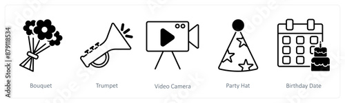 A set of 5 Party and Celebration icons as bouquet, trumpet, video camera