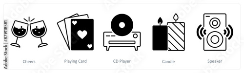 A set of 5 Party and Celebration icons as cheers, playing card, cd player