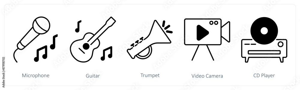A set of 5 Party and Celebration icons as microphone, guitar, trumpet