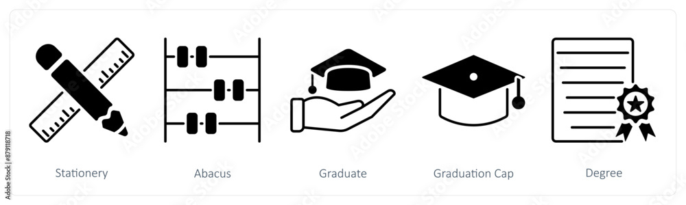 A set of 5 School and Education icons as stationery, abacus, graduate A set of 5 School and Education icons as stationery, abacus, graduate