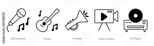 A set of 5 Party and Celebration icons as microphone, guitar, trumpet