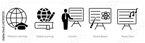 A set of 5 School and Education icons as distance learning, global learning, lecture