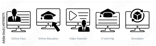 A set of 5 School and Education icons as online class, online education, video tutorials