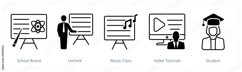 A set of 5 School and Education icons as school board, lecture, music class A set of 5 School and Education icons as school board, lecture, music class