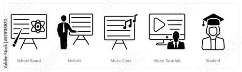 A set of 5 School and Education icons as school board, lecture, music class