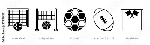A set of 5 Sports and Fitness icons as soccer goal, volleyball net, football