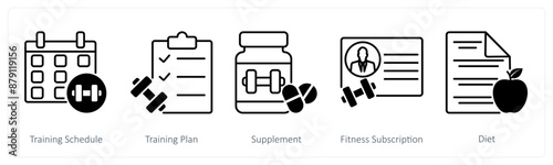 A set of 5 Sports and Fitness icons as training schedule, training plan, supplement
