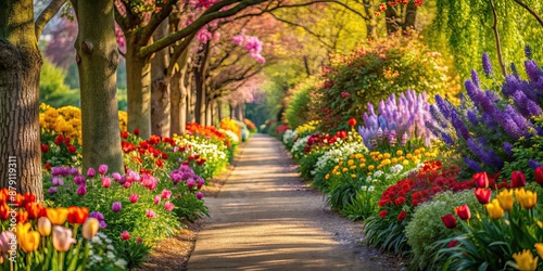 Wallpaper Mural A serene path lined with colorful flowers, gently swaying in a spring breeze, flowers, path, spring, breeze, serene, colorful Torontodigital.ca