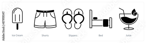 A set of 5 Summer and Travel icons as ice cream, shorts, slippers