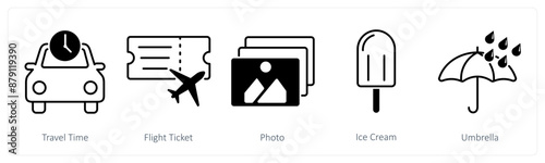 A set of 5 Summer and Travel icons as travel time, flight ticket, photo