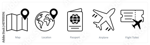 A set of 5 Summer and Travel icons as map, location, passport