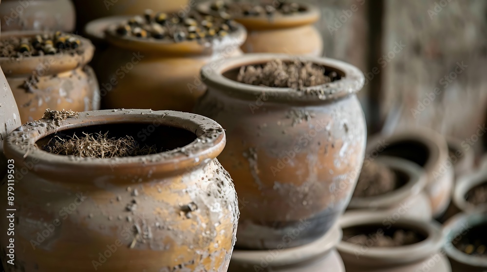 A bumble nest in pottery pots filled with sawdust A bumble nest in pottery pots filled with sawdust