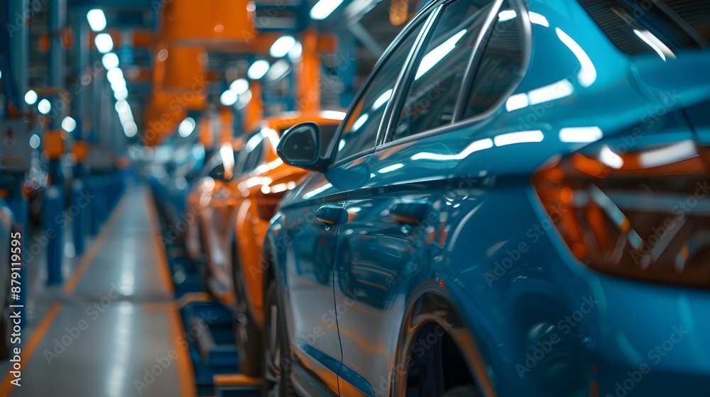 Obraz premium Mass production assembly line of modern cars in a busy factory
