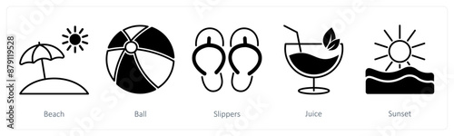 A set of 5 Summer and Travel icons as beach, ball, slippers