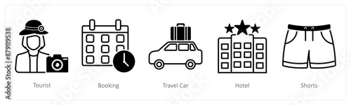 A set of 5 Summer and Travel icons as tourist, booking, travel car