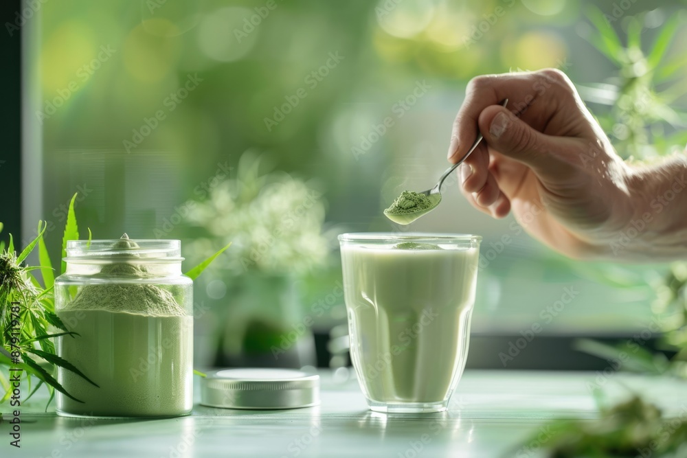 Photo of a man hand holding a spoon with cannabis powder added to a glass milk, Generative AI Photo of a man hand holding a spoon with cannabis powder added to a glass milk, Generative AI