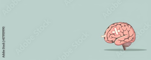 Art illustration of a pink cartoon brain with various colored band-aids on it, set against a light blue background, symbolizing healing and mental health recovery.