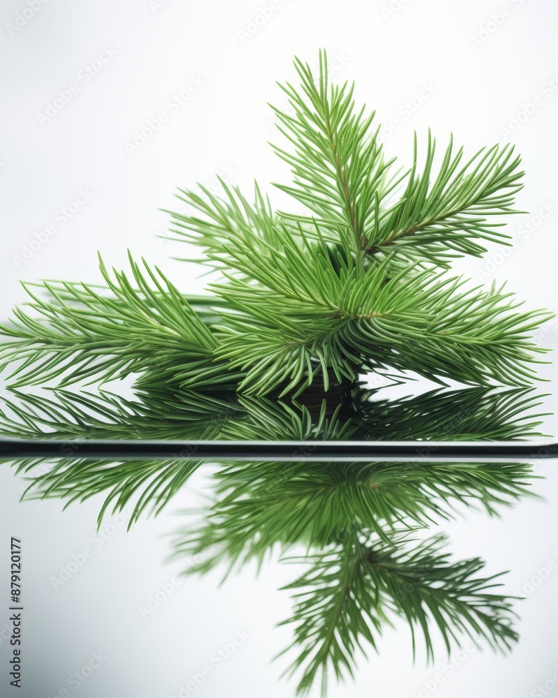 Elegant fir branch gracefully placed on reflective surface against a soft light background
