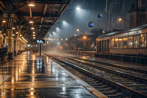 train station platform with rain pouring down and the distant lights of an approaching train
