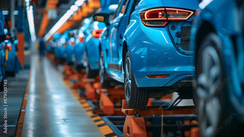 Mass production assembly line of modern cars in a busy factory Mass production assembly line of modern cars in a busy factory