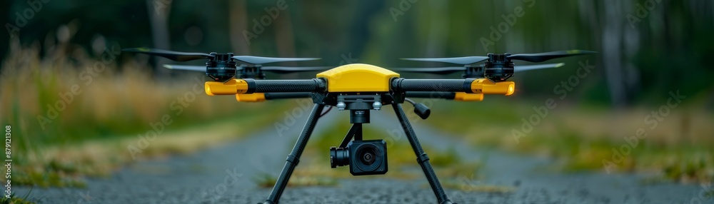 Yellow and black drone with camera on a dirt path. Yellow and black drone with camera on a dirt path.