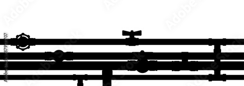 Pipeline. Image of black silhouette isolated on white background. Vector composition seamless. Metal pipeline. Supply of water, gas and other liquids. Pipes and taps. Advertisement. Promotion of