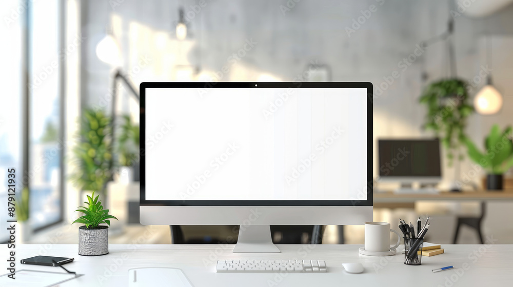 Obraz premium White logo frame with modern office background. Use it as a banner with copy space area.