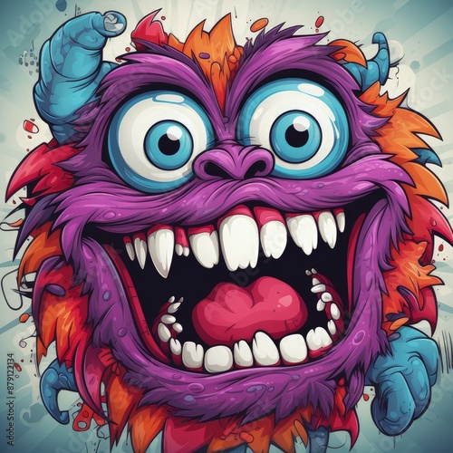 Funny and Cute Angry Monster in Bright Doodle Style