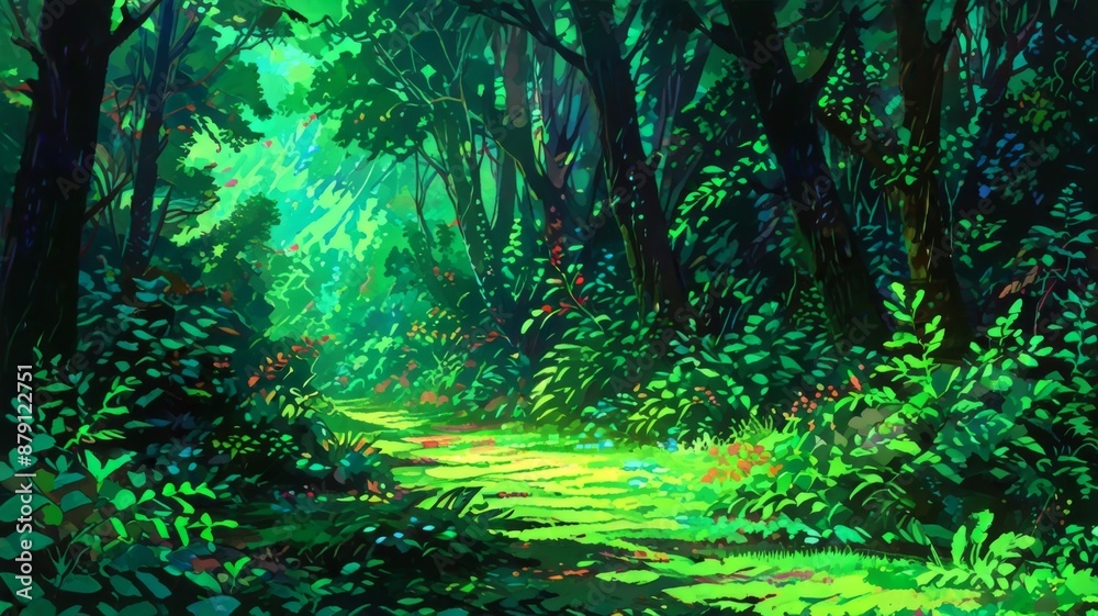 Fototapeta premium abstract forest illustration, anime green trees forest landscape, anime wallpaper, sunlight on pathway, forest pathway