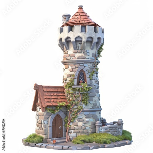 3D Render, Low Poly style of a medieval alchemist's tower, on isolated white background, Generative AI