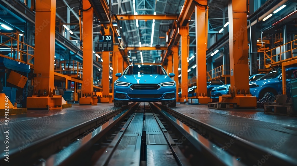 Fototapeta premium Mass production assembly line of modern cars in a busy factory