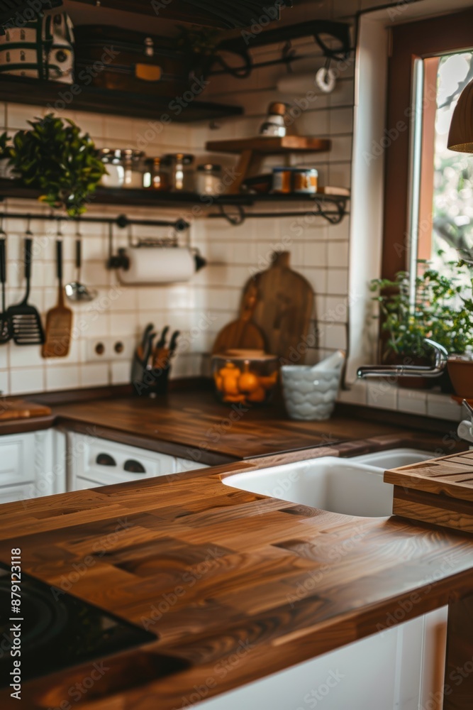 Wooden countertop in a cozy kitchen Wooden countertop in a cozy kitchen