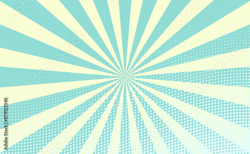 Halftone retro duotone banner. Green and yellow comic starburst pattern. Pop art background. Cartoon print with beams. Vintage sunshine texture. Superhero sunburst backdrop. Vector illustration.